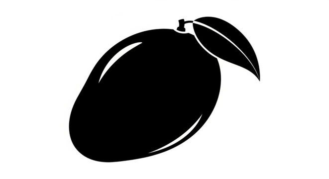A ripe mango with a leaf is illustrated in a simple black and white graphic style from a front viewpoint.