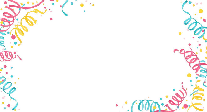 Corner party streamers and confetti festive frame, colorful celebration border