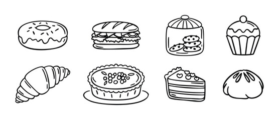 Desserts set pie cake cookies cupcakes donut croissant sandwich line art outline, monochrome hand drawn.