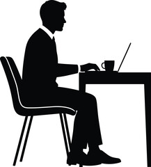 Businessman sitting at desk working on laptop with coffee cup professional corporate employee silhouette isolated cad drawing flat vector illustration