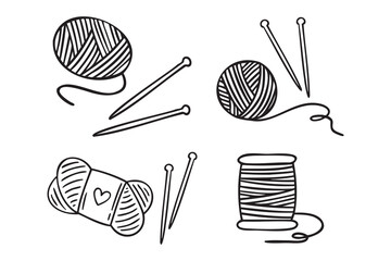 Cozy autumn doodle set of yarns threads knitting needles, line art monochrome hand drawn outline