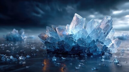 Obraz premium Transparent 2026 ice sculpture on dark background, elegant frozen numerals with realistic reflections and soft lighting, New Year celebration concept, festive and modern design for seasonal and event 