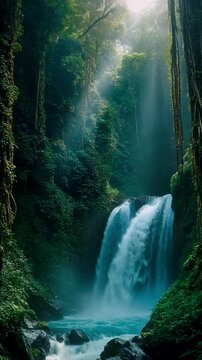 Sunlit waterfall cascades through dense forest, mist rising over cliffside in tranquil vertical frame