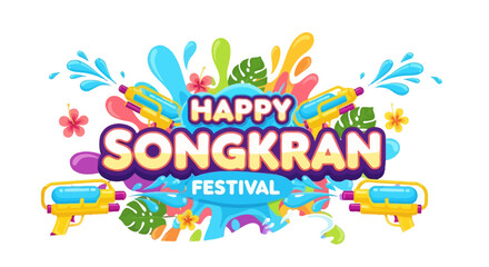 Colorful Songkran Festival Greeting with Water Splash.