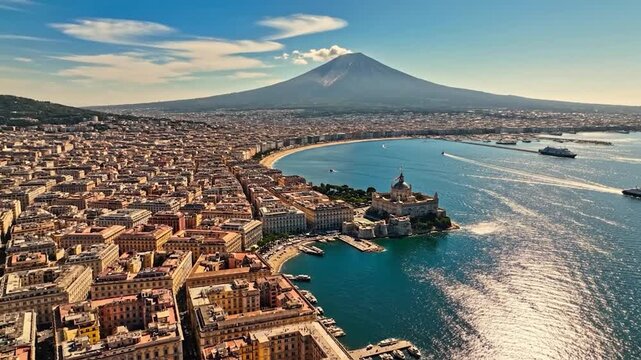 Aerial view of a vibrant coastal city with a majestic conical volcano in