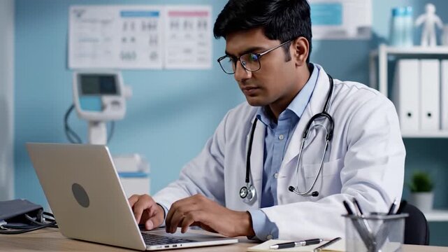 Young male doctor in a white coat typing on a laptop in a clinic