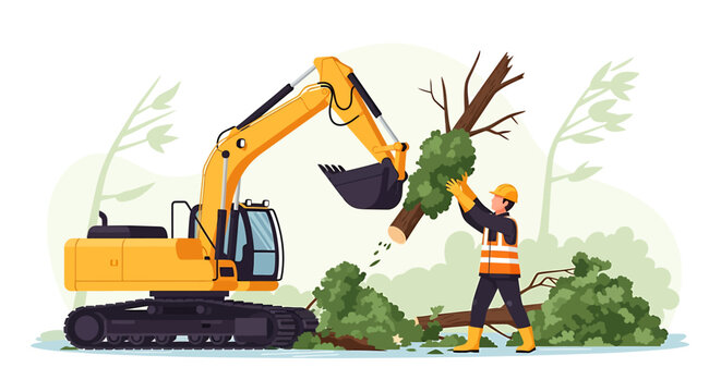 Construction worker operating excavator to clear fallen trees after storm.