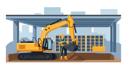 Construction worker standing near yellow excavator on building site.