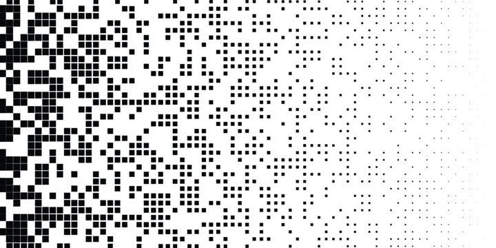 Halftone gradient texture background. Faded checkered gradation wallpaper. Black and white squared pixels. Abstract vanishing comic pop art backdrop. Vector repeating check raster effect overlay