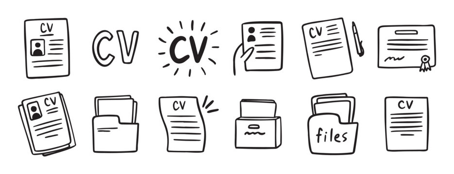 cv and resume and self presentation related doodle hand drawn icon set. Outline drawing cv line clipart symbol collection