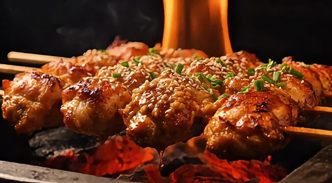 Cinematic Chicken Satay Skewers Grilling Over Charcoal with Peanut Sauce