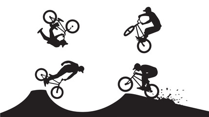 Naklejka premium Vector Illustration Of Silhouette Mountain Bikers Performing Tricks On Bmx Bikes For Sports And Adventure Concept