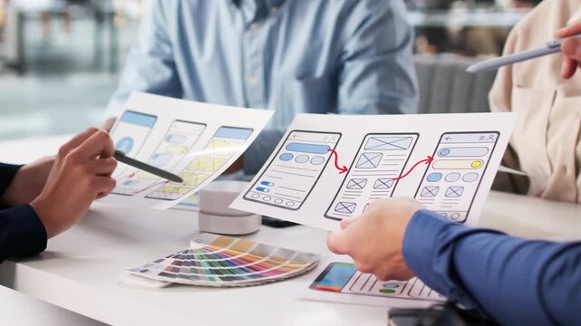 Diverse Business Team Discussing UI UX Design Wireframes For Mobile App