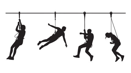 Vector Illustration Of Silhouetted People Ziplining And Rock Climbing For Adventure And Fitness Concept