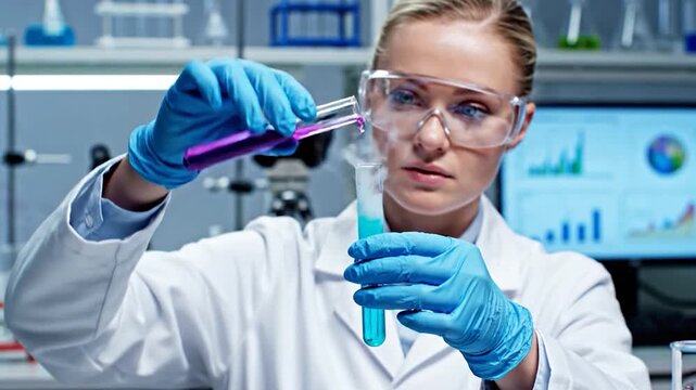 Female scientist carefully pours purple liquid into a test tube during