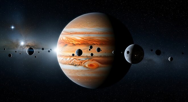 Jupiter and its moons in a stunning celestial display of cosmic wonder.