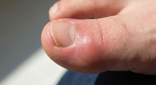 Close-up of inflamed ingrown toenail with redness and swelling