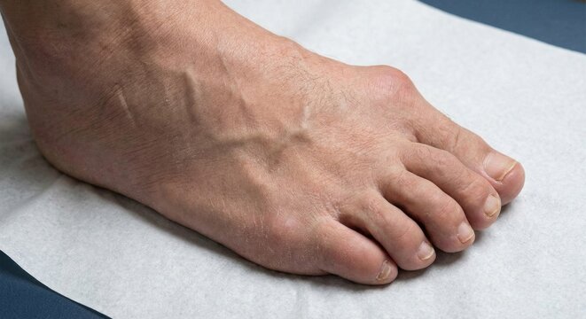 Bunion and toe deformity on human foot for medical exam