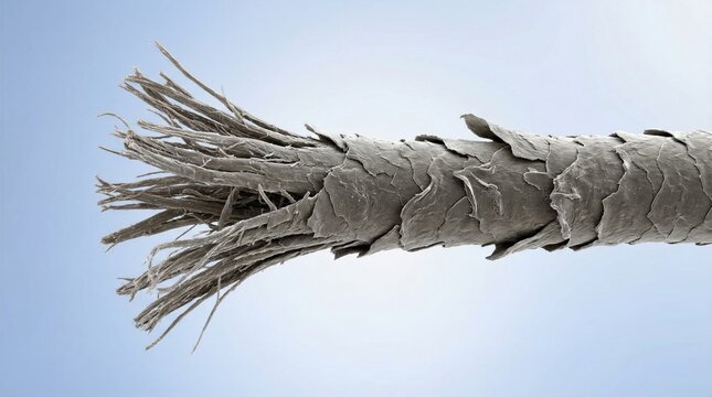 Microscopic view of damaged hair strand with split end