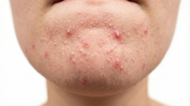 Close-up of chin with acne comedones and inflamed papules