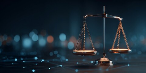 Digital scales of justice on futuristic background representing law, technology, fairness, and data analytics in a modern legal system environment.