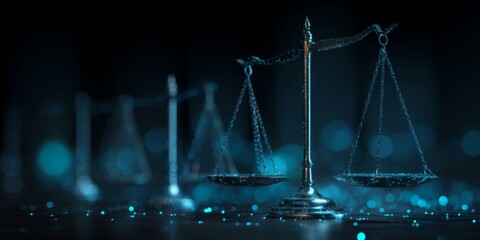 Digital scales of justice on futuristic background representing law, technology, fairness, and data analytics in a modern legal system environment.