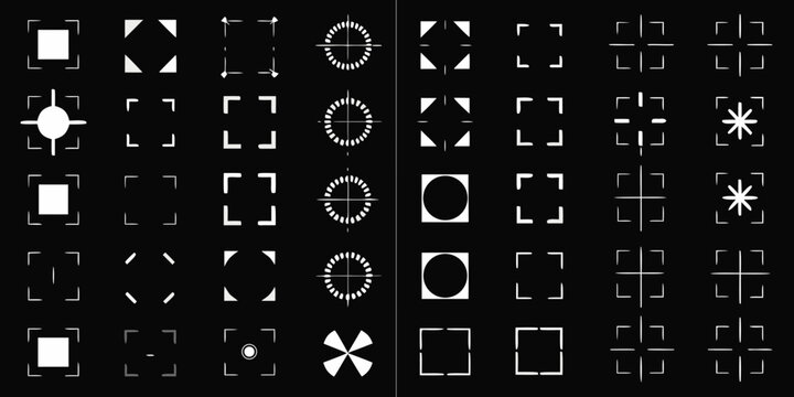 Collection of white geometric shapes and targeting reticles on black