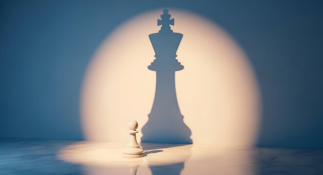 White pawn chess piece stands under spotlight casting a king shadow on wall symbolizing hidden leadership and strategic potential