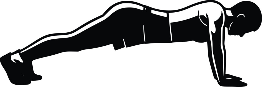 Silhouette of a person doing a push-up exercise, black and white vector illustration. Dynamic pose for fitness, workout, health, and sports concepts. Isolated on white backgroun...