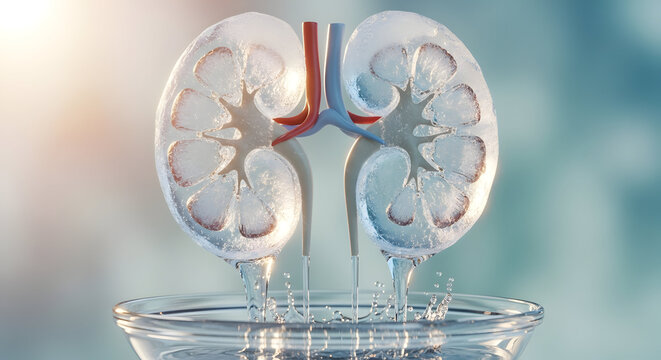 Transparent glass kidney model drains fresh water into glass bowl symbolizing healthy body detoxification and pure urological function
