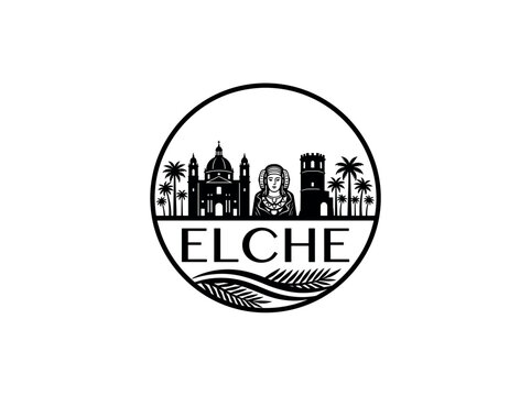 Elche city of Spain stylized black and white skyline logo with iconic architecture