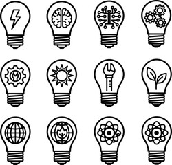 Creative light bulb idea icons set with technology science innovation and business concepts outline vector illustration