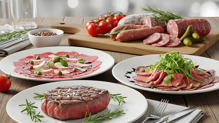 A variety of cured meats and steaks are elegantly arranged on white plates, garnished with capers and arugula. A wooden board holds salami and tomatoes.