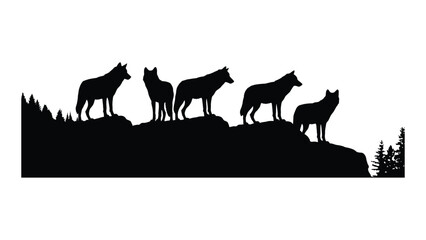 Silhouette of wolves standing on a rocky hillside with trees in the background isolated on white background, Vector © SILHUETTECHEMBER