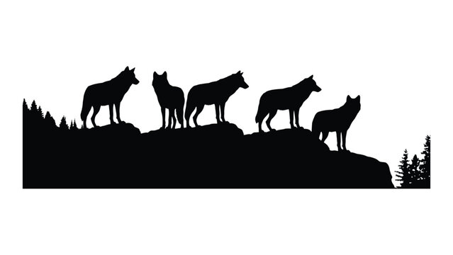 Silhouette of wolves standing on a rocky hillside with trees in the background isolated on white background, Vector