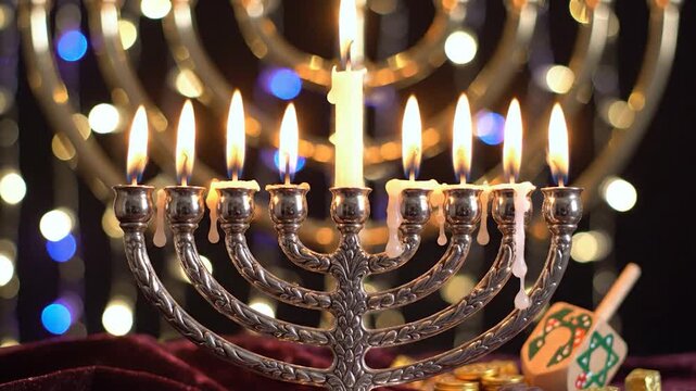 A silver candelabrum with burning candles illuminates a festive scene with