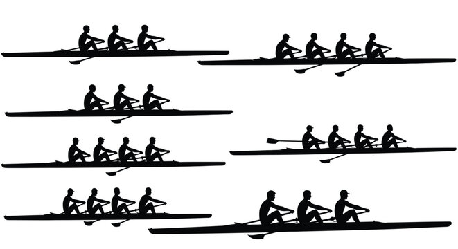 Rowing Team Silhouettes in Competitive Boat Race