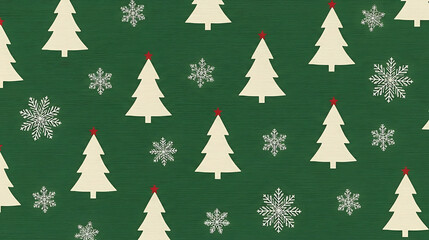 Obraz premium Festive Christmas pattern with cream-colored trees and snowflakes on a dark green textured background, perfect for holiday designs.