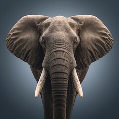 Obraz premium Close-up portrait of an impressive African elephant with large tusks, showcasing its majestic presence and powerful features against a soft blue background