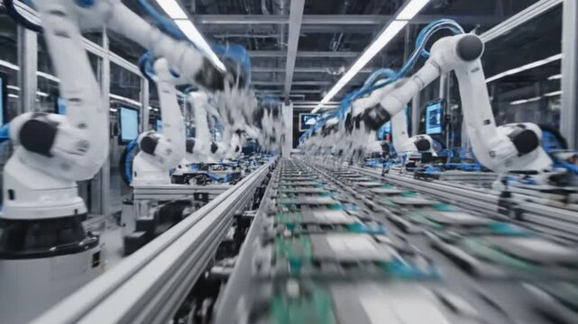 Robotic arms assemble electronic components on modern factory production line