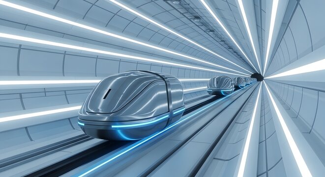 Futuristic monorail trains speeding through modern illuminated tunnel