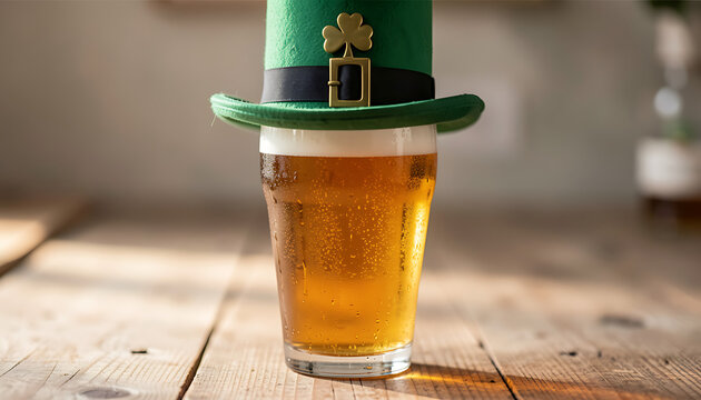  a full pint glass of amber beer wearing a small green leprechaun top hat, cIrish beer, Irish holiday, concept of saint patricks day, pub celebrations, irish festivals, created with generative ai