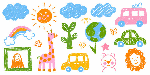 Fototapeta premium Colorful child s drawing featuring sun clouds animals and vehicles