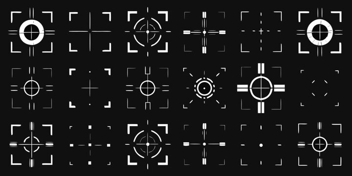 A collection of white crosshair reticles on a black background