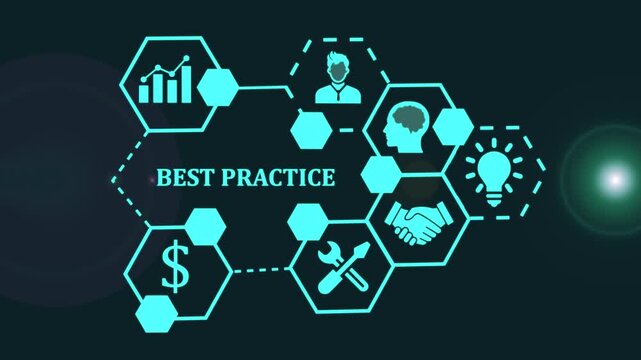 Business best practice infographic with icons for strategy finance and teamwork