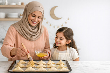Mother glazing samosas during Ramadan preparation. Copy space