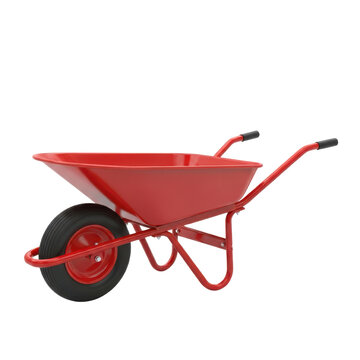 Red metal wheelbarrow with black wheel and handles isolated on Transparent Background