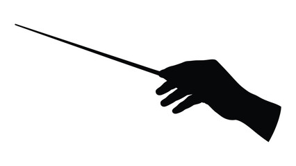 A black and white illustration of a hand holding a wand pointing to the left. isolated on white background, Vector © SILHUETTECHEMBER