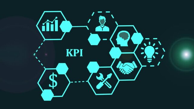 Business KPI concept with interconnected hexagonal icons and glowing text key performance indicator
