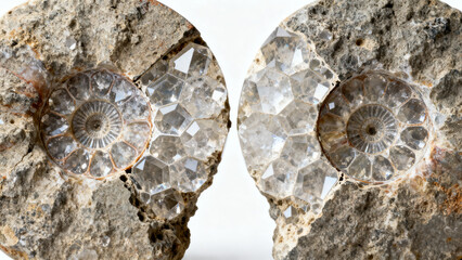 Captivating twin ammonite fossils unearthed, revealing sparkling crystal interiors from prehistoric seas
